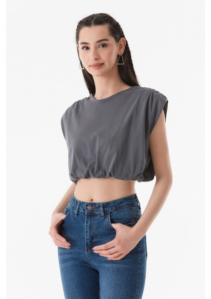 Basic Bisiklet Yaka Beli Lastikli Crop T-Shirt