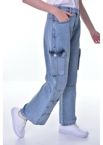 Çocuk Kargo Cep Yüksek Bel Wide Leg Kot Pantolon-Pnt-0038