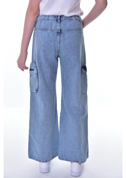 Çocuk Kargo Cep Yüksek Bel Wide Leg Kot Pantolon-Pnt-0038
