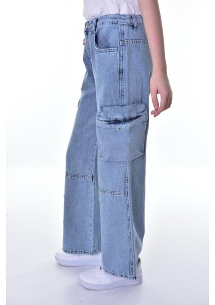 Çocuk Kargo Cep Yüksek Bel Wide Leg Kot Pantolon-Pnt-0038