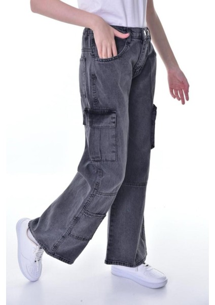 Çocuk Kargo Cep Yüksek Bel Wide Leg Kot PANTOLON-PNT-0038