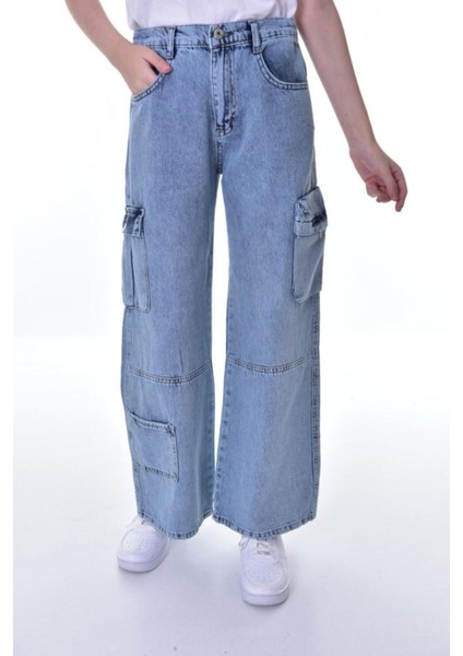 Çocuk Kargo Cep Yüksek Bel Wide Leg Kot Pantolon-Pnt-0038