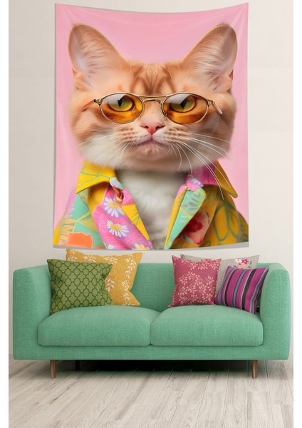 Gözlüklü Kedi Leke Tutmaz Kumaş Duvar Örtüsü Duvar Halısı Tapestry