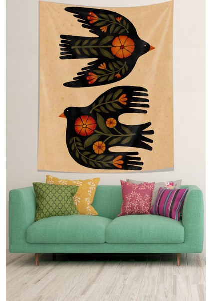 Uçan Kuşlar Çiçek Desen Leke Tutmaz Kumaş Duvar Örtüsü Duvar Halısı Tapestry