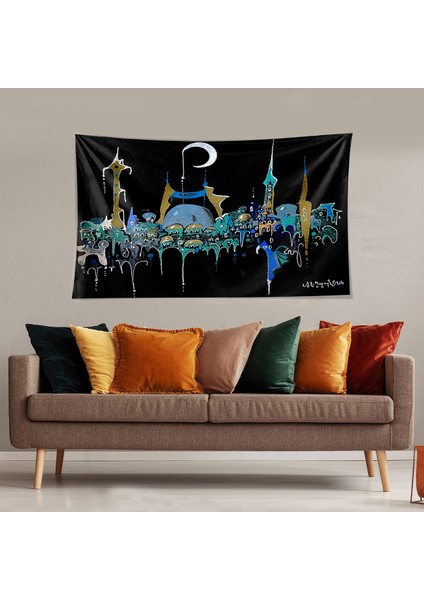 Suluboya Istanbul Cami Ramazan Tema Leke Tutmaz Kadife Doku Kumaş Duvar Örtüsü Duvar Halısı Tapestry