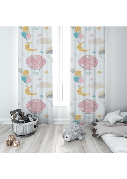 Beyaz Balon Desenli Dijital Baskı Yıkanabilir Bebek Çocuk Odası Fon Perdesi