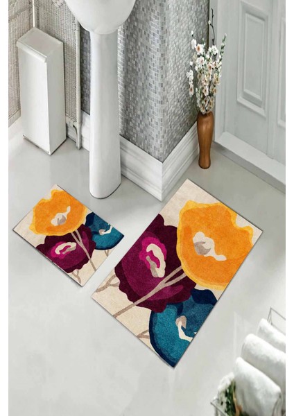 Banyo Halısı Ikili Klozet Takımı Kaymaz Tabanlı (60 cm x 100 cm + 40 cm x 60 cm )