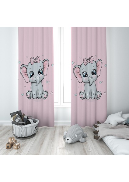 Pembe Fil Desenli Dijital Baskı Yıkanabilir Bebek Çocuk Odası Fon Perdesi