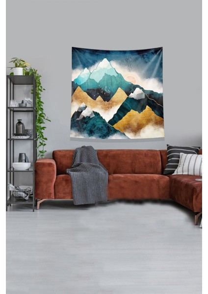 Mavi Dağın Ardındaki Güneş Leke Tutmaz Kadife Kumaş Duvar Örtüsü Duvar Halısı Tapestry