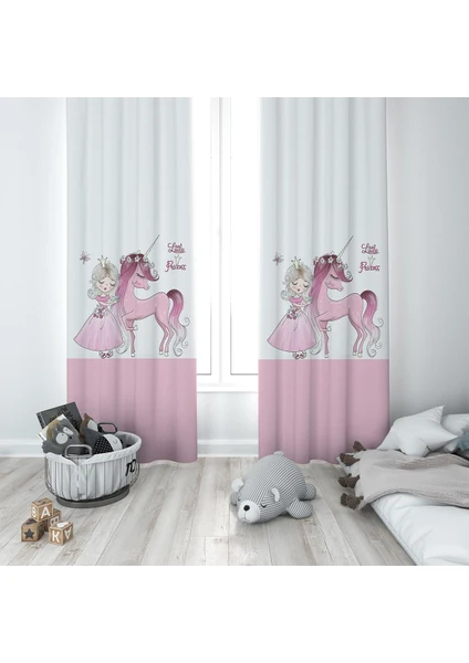 Pembe Unicorn Ve Prenses Desenli Dijital Baskı Yıkanabilir Bebek Çocuk Odası Fon Perdesi