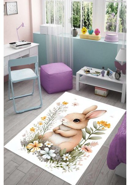 Çiçekler Içerisinde Sevimli Tavşan Pastel Yıkanabilir Kaymaz Taban Leke Tutmaz Çocuk Odası Halısık