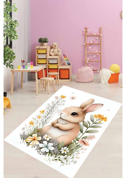 Çiçekler Içerisinde Sevimli Tavşan Pastel Yıkanabilir Kaymaz Taban Leke Tutmaz Çocuk Odası Halısık