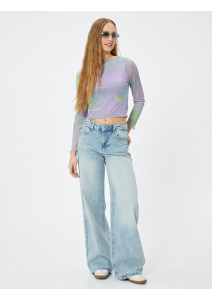 Batik Desenli Crop Tişört Uzun Kollu Bisiklet Yaka