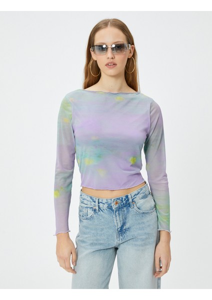Batik Desenli Crop Tişört Uzun Kollu Bisiklet Yaka