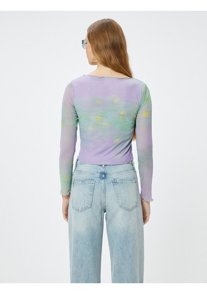 Batik Desenli Crop Tişört Uzun Kollu Bisiklet Yaka