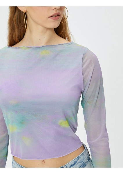 Batik Desenli Crop Tişört Uzun Kollu Bisiklet Yaka