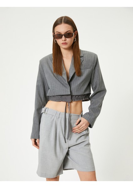 Crop Blazer Ceket Bel Detaylı Bağlamalı Kruvaze Ters Yaka