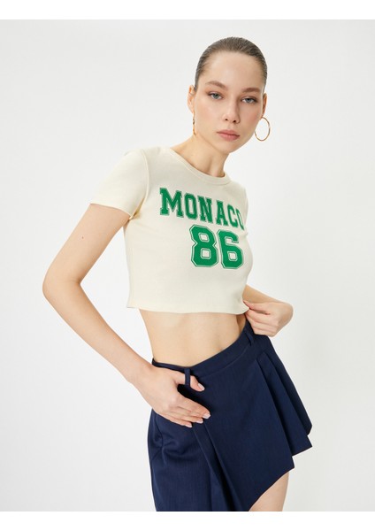 Crop Monaco Tişört Kısa Kollu Bisiklet Yaka Pamuklu Slim Fit