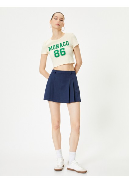 Crop Monaco Tişört Kısa Kollu Bisiklet Yaka Pamuklu Slim Fit