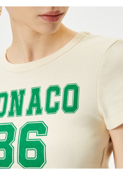 Crop Monaco Tişört Kısa Kollu Bisiklet Yaka Pamuklu Slim Fit