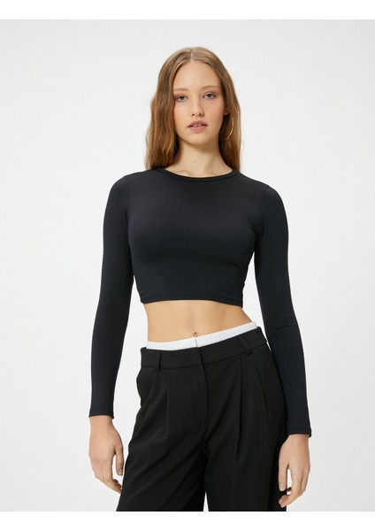 Sırt Dekolteli Crop Tişört Uzun Kollu Bisiklet Yaka Slim Fit