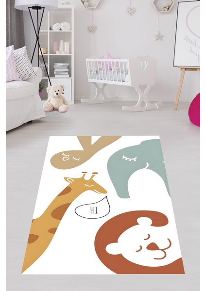 Beyaz Zemin Fil Zürafa Ayıcık Yıkanabilir Kaymaz Taban Leke Tutmaz Çocuk Odası Halısı
