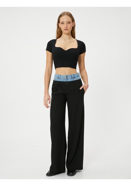 Kalp Yaka Crop Tişört Ribanalı Kısa Kollu Slim Fit
