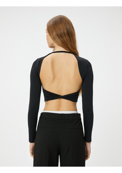 Sırt Dekolteli Crop Tişört Uzun Kollu Bisiklet Yaka Slim Fit