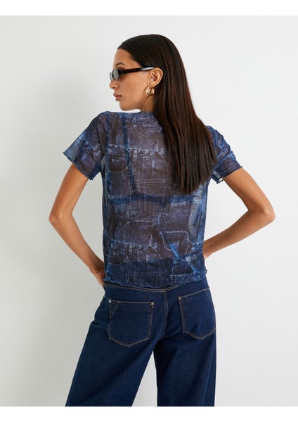 Transparan Tişört Denim Görünümlü Kısa Kollu Bisiklet Yaka