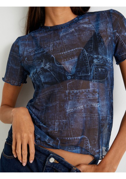 Transparan Tişört Denim Görünümlü Kısa Kollu Bisiklet Yaka