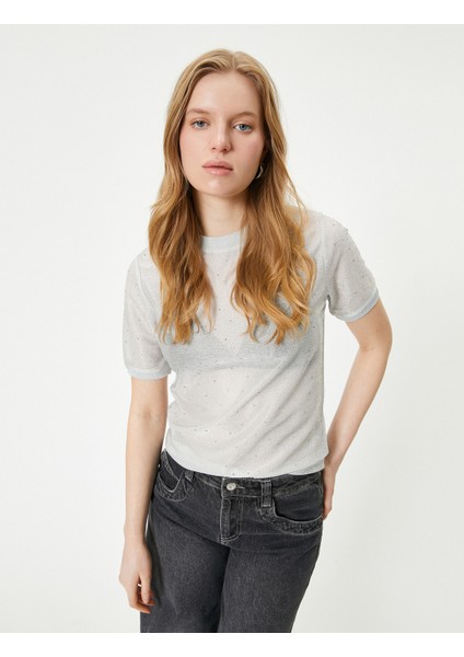 Metalik Simli Tişört Bisiklet Yaka Kısa Kollu Parlak Taşlı