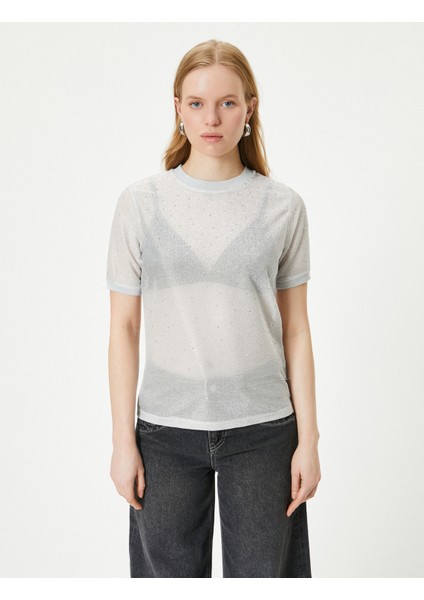 Metalik Simli Tişört Bisiklet Yaka Kısa Kollu Parlak Taşlı modelleri