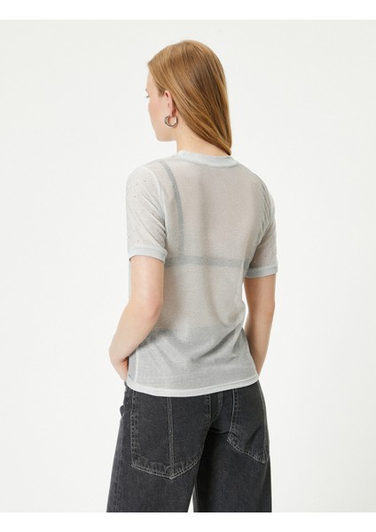 Metalik Simli Tişört Bisiklet Yaka Kısa Kollu Parlak Taşlı fırsatları