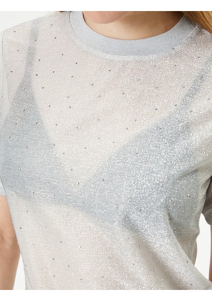 Metalik Simli Tişört Bisiklet Yaka Kısa Kollu Parlak Taşlı indirimleri