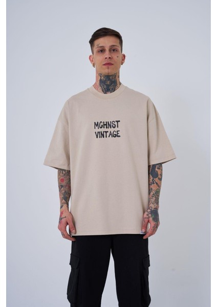 Erkek Vintage Memories Baskılı Oversize Açık Bej Tişört