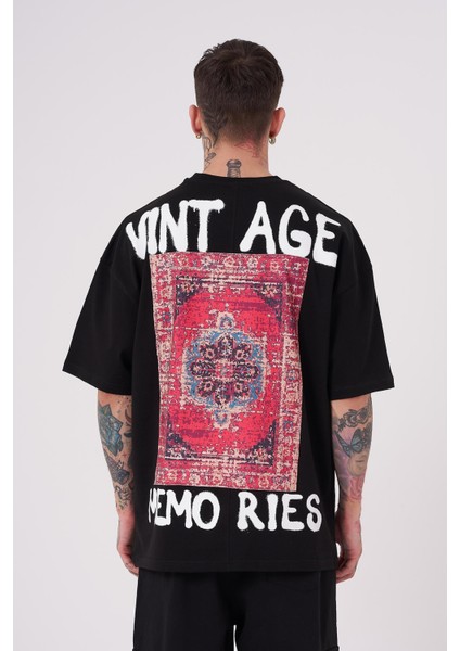 Erkek Vintage Memories Baskılı Oversize Siyah Tişört