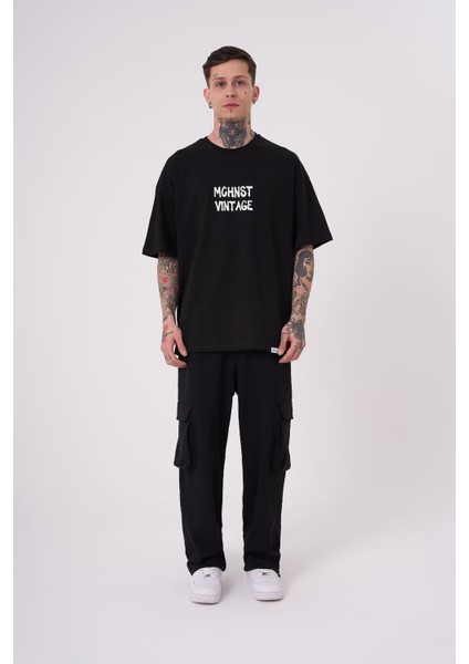 Erkek Vintage Memories Baskılı Oversize Siyah Tişört