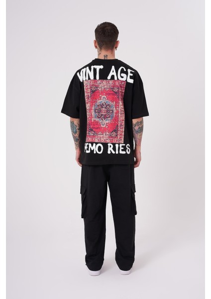 Erkek Vintage Memories Baskılı Oversize Siyah Tişört