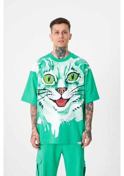 Erkek Runaway Cat Baskılı Oversize Açık Yeşil Tişört