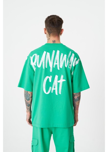 Erkek Runaway Cat Baskılı Oversize Açık Yeşil Tişört
