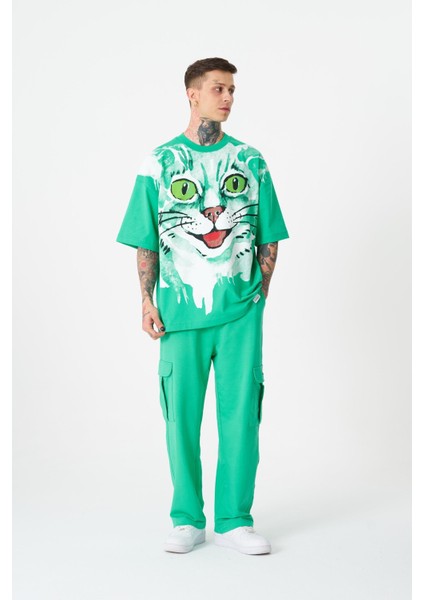Erkek Runaway Cat Baskılı Oversize Açık Yeşil Tişört