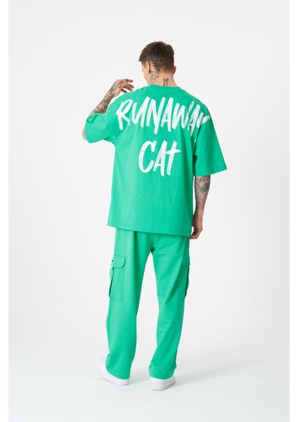 Erkek Runaway Cat Baskılı Oversize Açık Yeşil Tişört