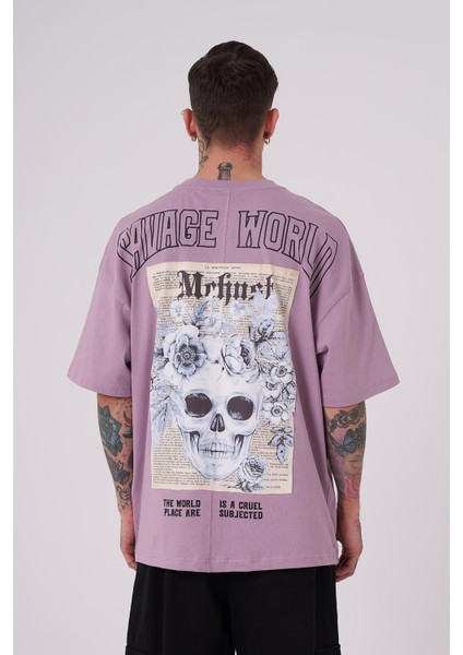 Erkek Savage World Baskılı Oversize Lila Tişört