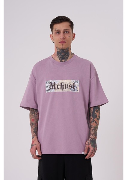 Erkek Savage World Baskılı Oversize Lila Tişört