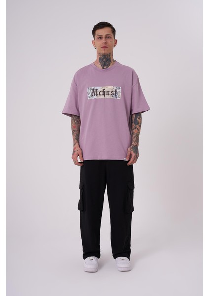 Erkek Savage World Baskılı Oversize Lila Tişört