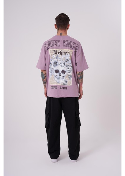 Erkek Savage World Baskılı Oversize Lila Tişört
