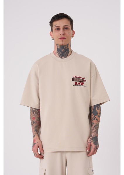 Erkek Raw Crossbreed Detaylı Oversize Açık Bej Tişört