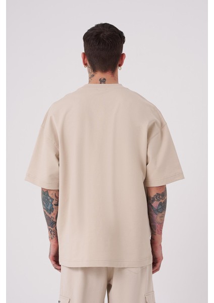 Erkek Raw Crossbreed Detaylı Oversize Açık Bej Tişört