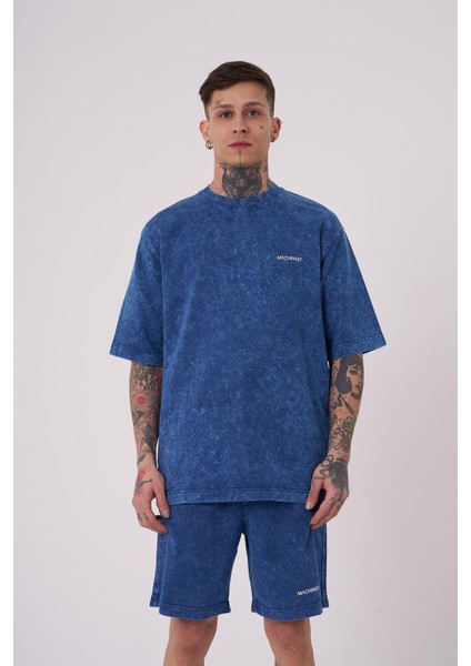Erkek Luxury Yıkamalı Basic Relaxed Indigo Spotted Tişört