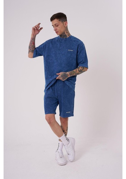Erkek Luxury Yıkamalı Basic Relaxed Indigo Spotted Tişört